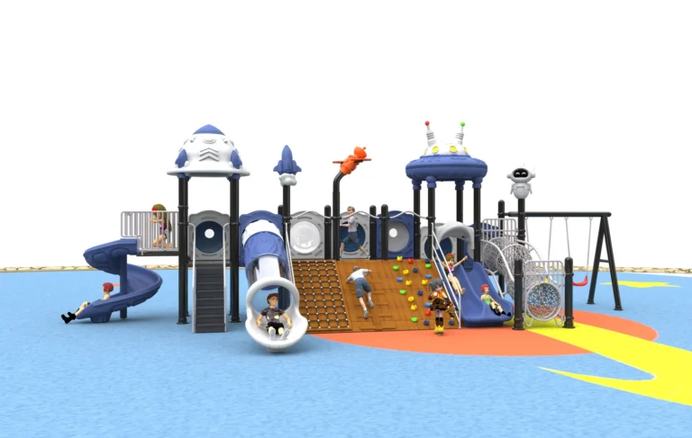 Climbing Wall and Swing Towers outdoor playground with two roofed towers and central climbing activity wall