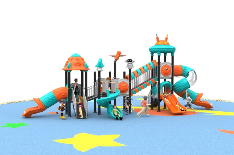 Triple Tower Tube Bridge outdoor playground with connected raised play towers and elevated tube bridge
