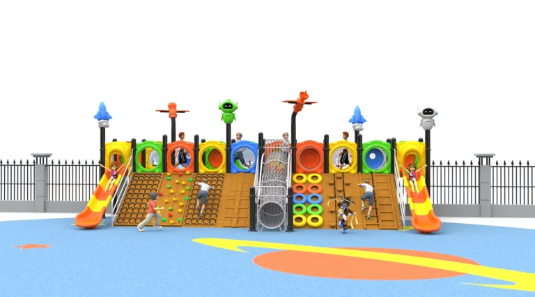 Rainbow Climbing Slide Wall outdoor playground with wide low play structure and multiple activity climbing panels