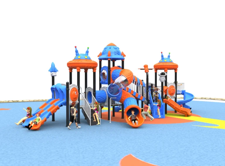 Space Multi-Slide Towers outdoor playground with space-inspired tower tops and interconnected decks
