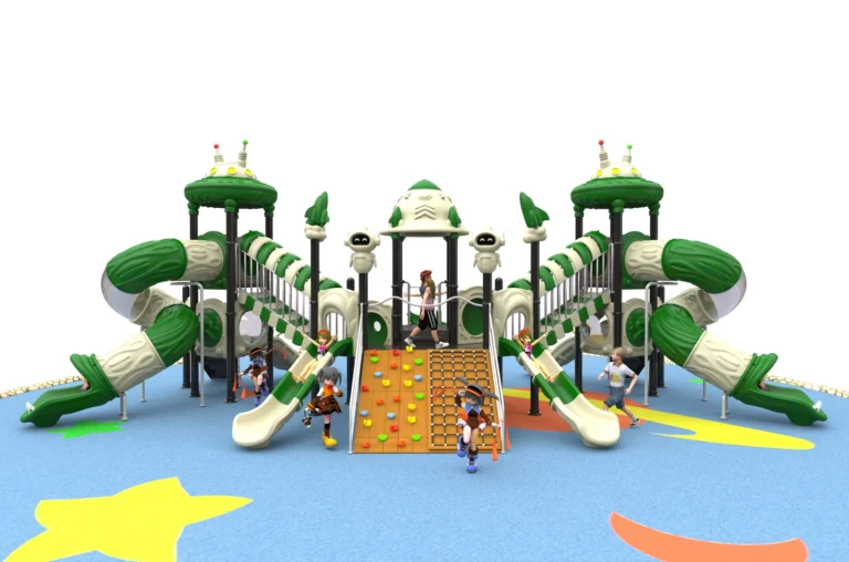 Green Twin Spiral Climbing Plaza outdoor playground with multi-tower layout and paired spiral tube slides