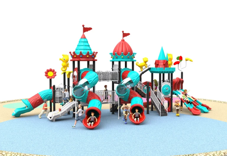 Turquoise Castle Tube Adventure outdoor playground with castle-style tower tops and linked elevated play decks