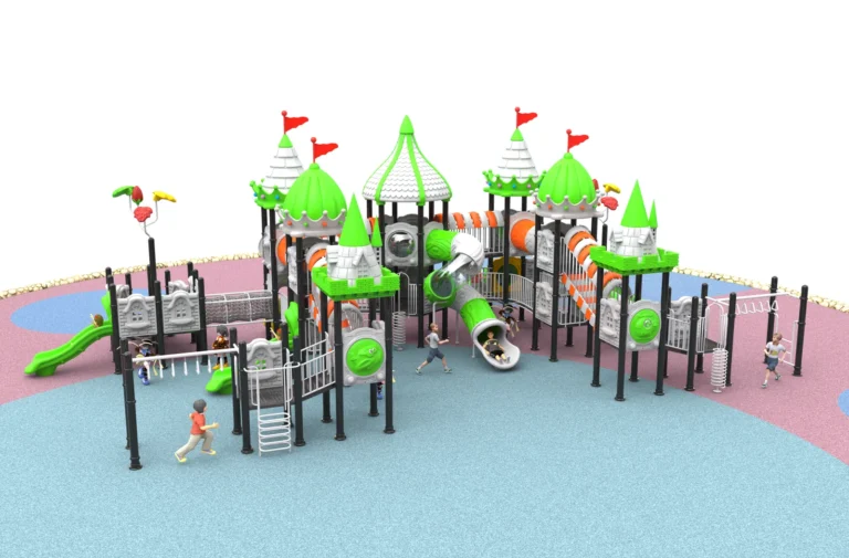 Green Castle Bridge Circuit outdoor playground with castle-style roofs and linked bridge and climbing routes