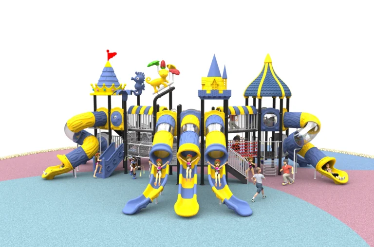 Castle Triple Tube Slide outdoor playground with multiple roofed play towers and three front tube slide exits