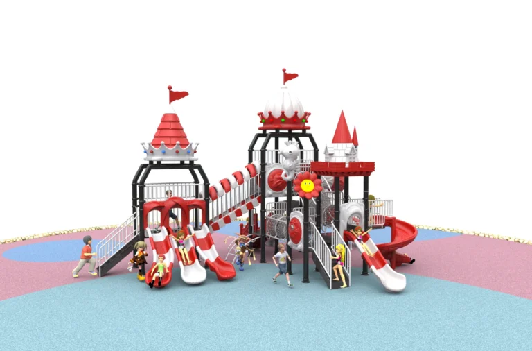 Red Castle Multi-Slide Towers outdoor playground with red castle-style roof details and linked tower decks