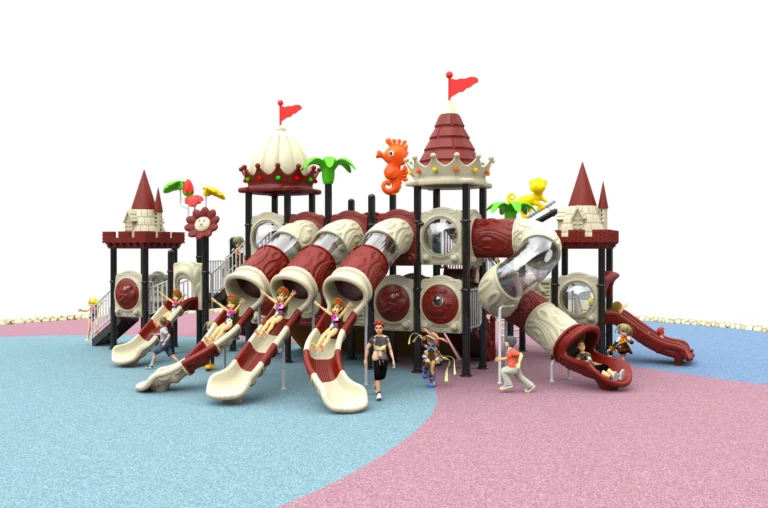 Grand Castle Tube Slide Plaza outdoor playground with multiple castle-style towers and grouped front tube slides