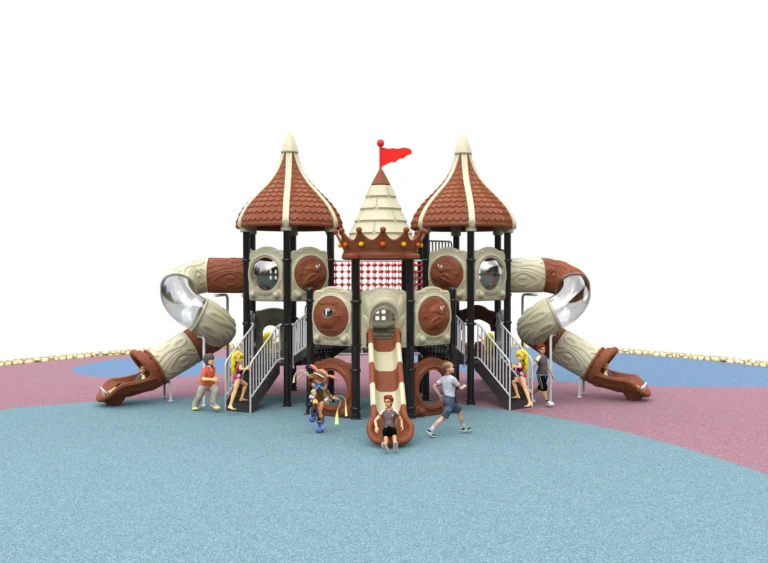Cottage Castle Tube Slides outdoor playground with three castle-style roofs and paired tube slide routes