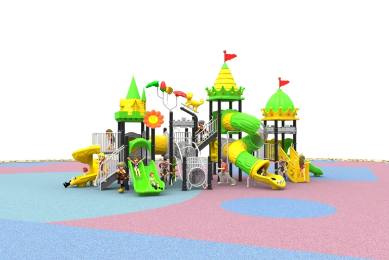 Green Castle Triple Tower outdoor playground with bright green castle-style roofs and interconnected play decks