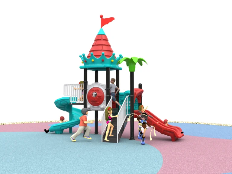 Compact Castle Triple Slide outdoor playground with single castle-style play tower and multiple open slide exits