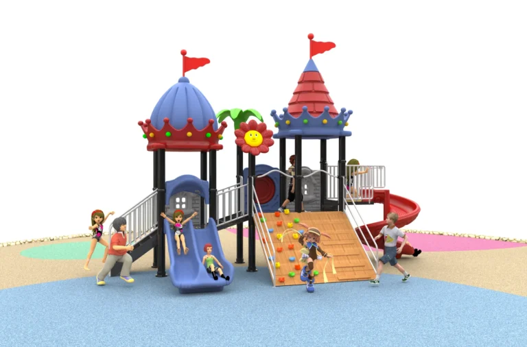 Twin Castle Climbing Wall outdoor playground with two castle-style towers and broad activity climbing panel