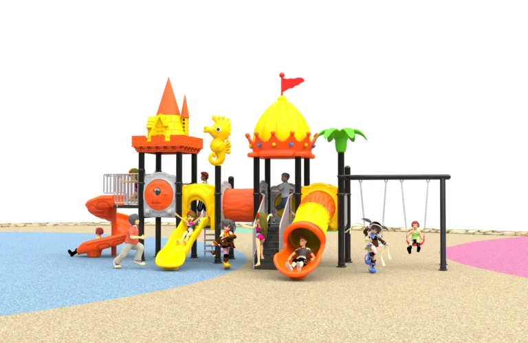 Twin Castle Slide and Swing outdoor playground with two castle-style towers and tube and open slides