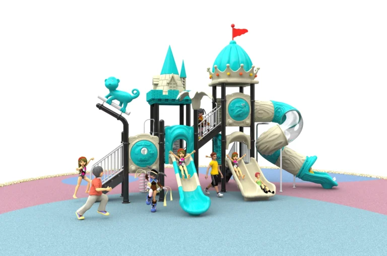 Turquoise Bridge Spiral Slides outdoor playground with two castle-style play towers and linked climbing and bridge route