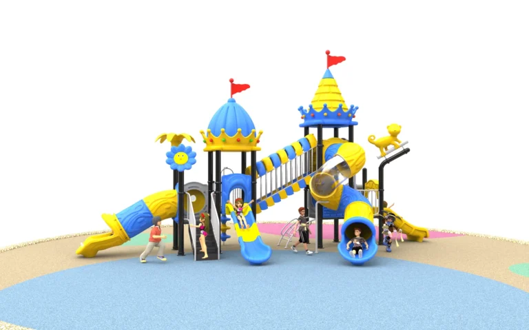 Castle Bridge Tube Adventure outdoor playground with two raised castle-style towers and elevated bridge connection