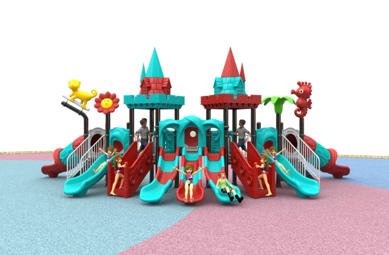 Triple Castle Multi-Slide Hub outdoor playground with three castle-style towers and central parallel slides