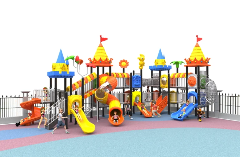 Four-Tower Castle Slide Network outdoor playground with four castle-style towers and connected elevated bridges