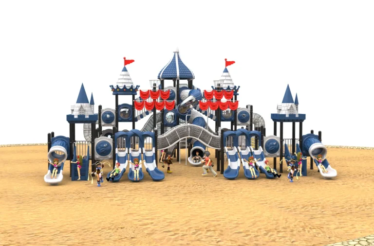Royal Castle Slide Village outdoor playground with large symmetrical castle-style structure and arched bridge connections